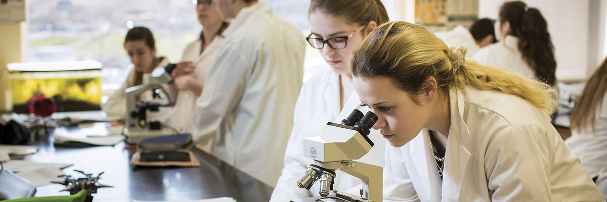 Une étudiante regarde dans un microscope.