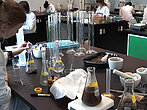 Un plan de travail en laboratoire couvert d'erlenmeyers et d'éprouvettes.